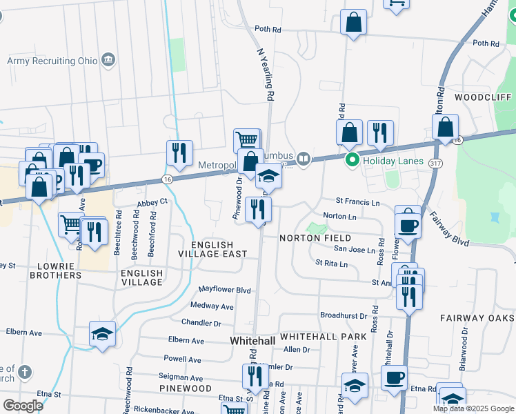 map of restaurants, bars, coffee shops, grocery stores, and more near 4320 Yearling Circle in Whitehall