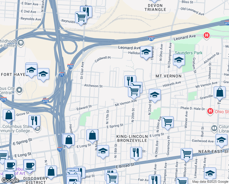 map of restaurants, bars, coffee shops, grocery stores, and more near 971 Atcheson Street in Columbus
