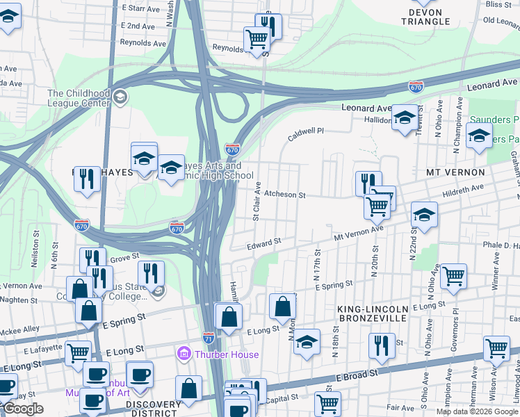 map of restaurants, bars, coffee shops, grocery stores, and more near 841 Atcheson Street in Columbus