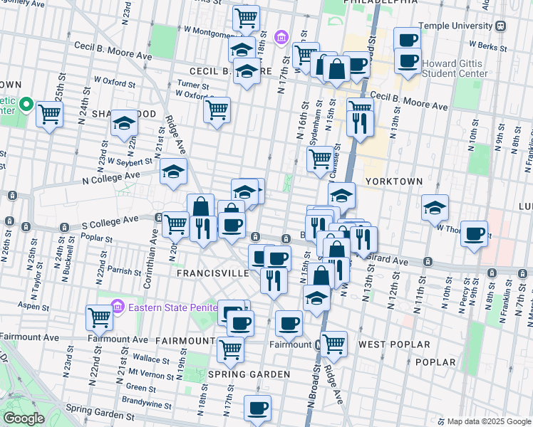 map of restaurants, bars, coffee shops, grocery stores, and more near 1641 West Stiles Street in Philadelphia