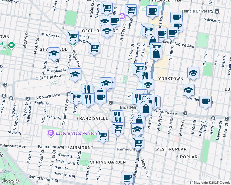 map of restaurants, bars, coffee shops, grocery stores, and more near 1641 West Stiles Street in Philadelphia