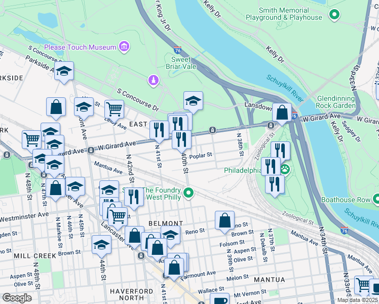 map of restaurants, bars, coffee shops, grocery stores, and more near 1112 Sloan Street in Philadelphia