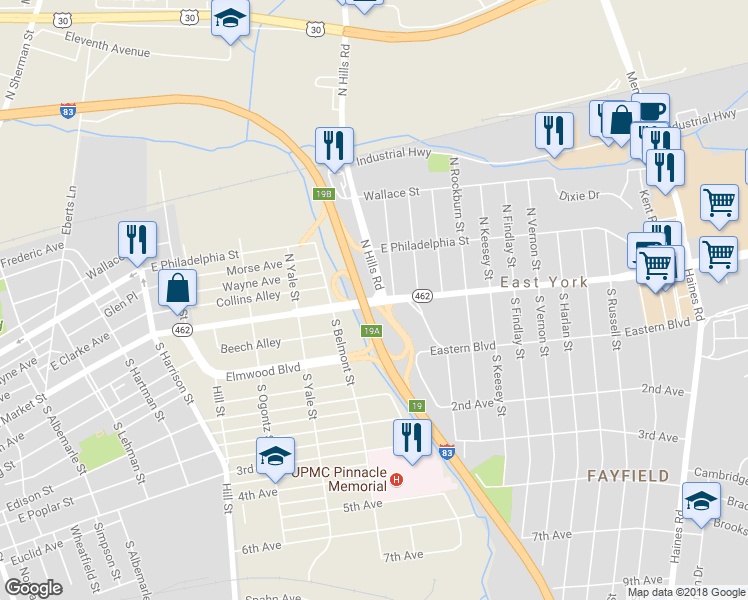 map of restaurants, bars, coffee shops, grocery stores, and more near 1757 East Market Street in East York