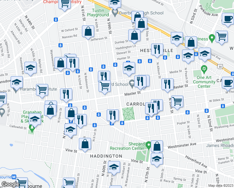 map of restaurants, bars, coffee shops, grocery stores, and more near 1404 North 59th Street in Philadelphia