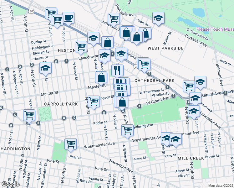 map of restaurants, bars, coffee shops, grocery stores, and more near 5215 West Thompson Street in Philadelphia