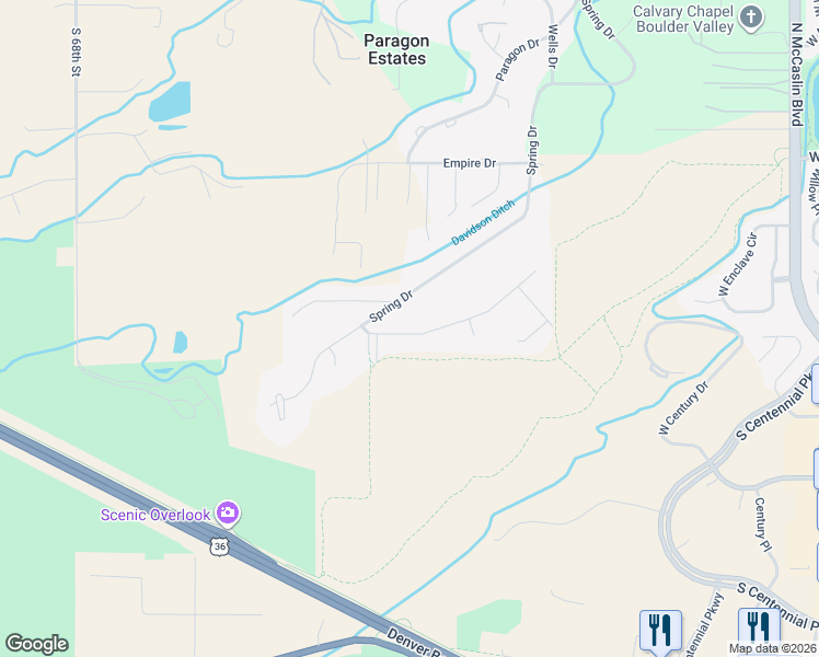 map of restaurants, bars, coffee shops, grocery stores, and more near 7348 Spring Drive in Boulder