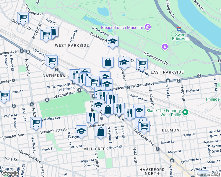 map of restaurants, bars, coffee shops, grocery stores, and more near 4545 West Girard Avenue in Philadelphia