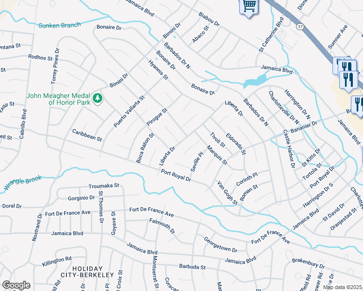 map of restaurants, bars, coffee shops, grocery stores, and more near 186 Liberta Drive in Toms River