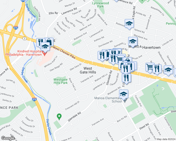map of restaurants, bars, coffee shops, grocery stores, and more near 123 Oxford Hill Lane in Havertown
