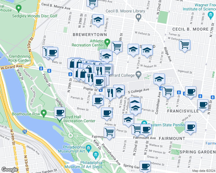 map of restaurants, bars, coffee shops, grocery stores, and more near 924 West College Avenue in Philadelphia