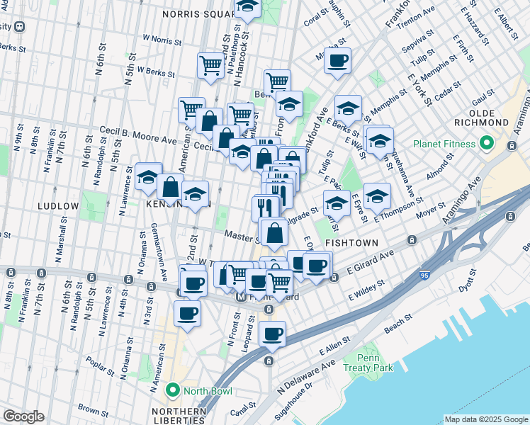 map of restaurants, bars, coffee shops, grocery stores, and more near 1505 North Front Street in Philadelphia