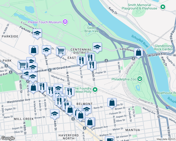 map of restaurants, bars, coffee shops, grocery stores, and more near 4053 Cambridge Street in Philadelphia