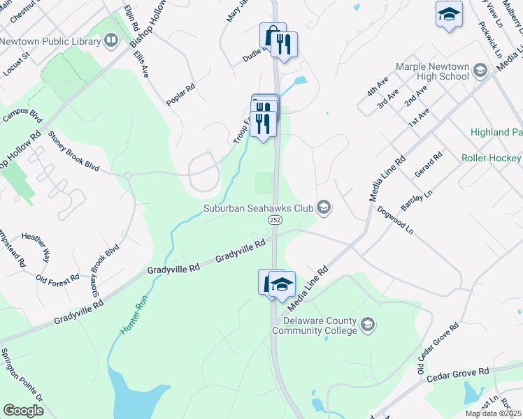 map of restaurants, bars, coffee shops, grocery stores, and more near 107 Camelot Lane in Newtown Square
