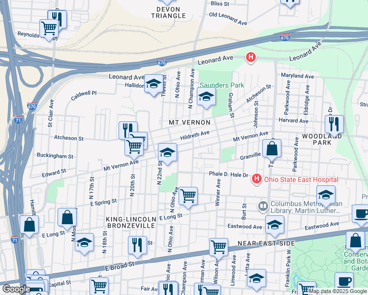 map of restaurants, bars, coffee shops, grocery stores, and more near 1227 Hildreth Avenue in Columbus