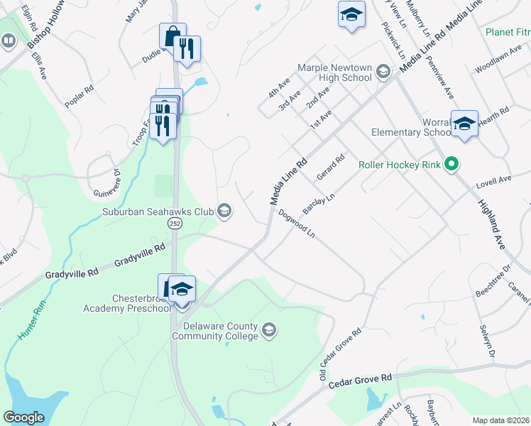 map of restaurants, bars, coffee shops, grocery stores, and more near 411 Dogwood Lane in Newtown Square