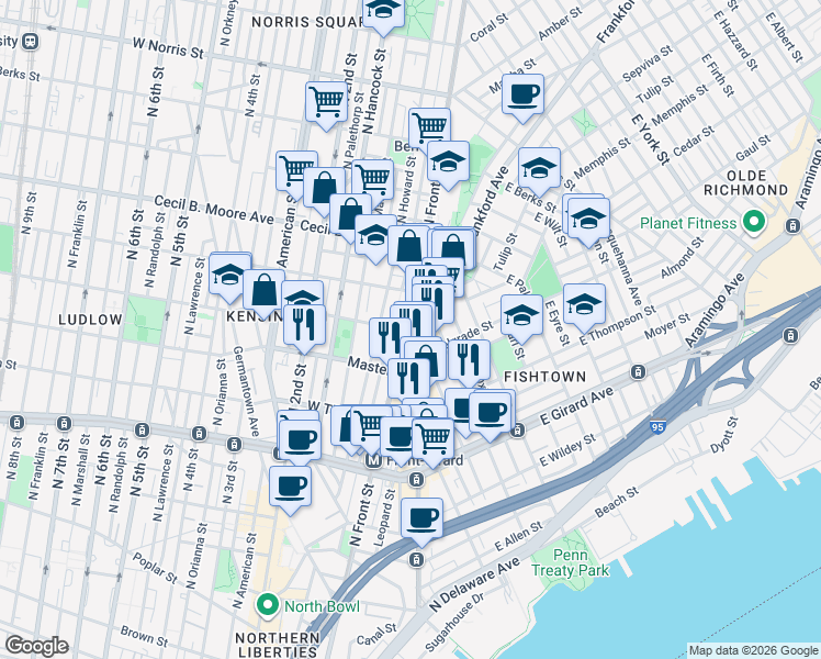 map of restaurants, bars, coffee shops, grocery stores, and more near 100 West Oxford Street in Philadelphia