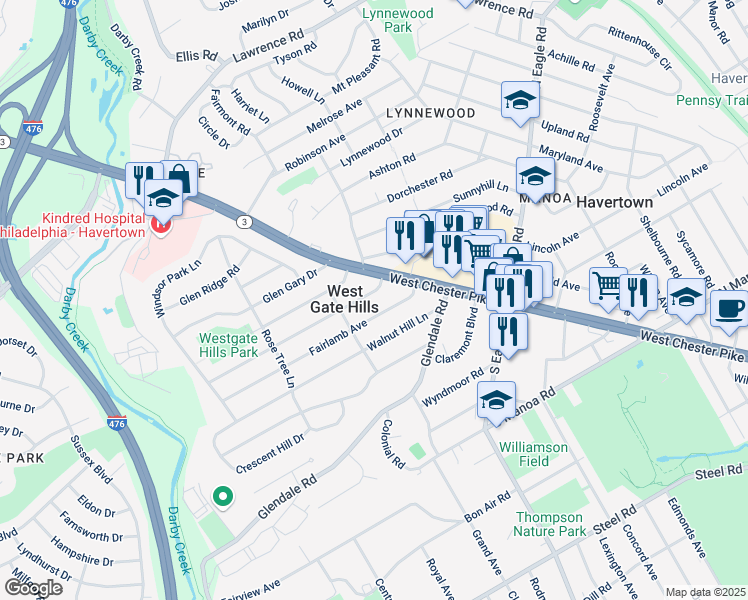 map of restaurants, bars, coffee shops, grocery stores, and more near 112 Ivy Rock Lane in Havertown