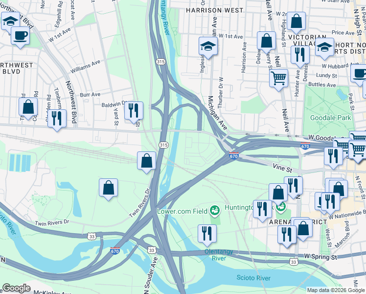map of restaurants, bars, coffee shops, grocery stores, and more near 644 Chlois Lane in Columbus