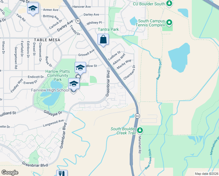 map of restaurants, bars, coffee shops, grocery stores, and more near 1540 Chambers Drive in Boulder
