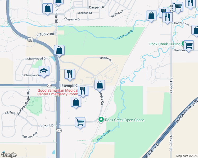 map of restaurants, bars, coffee shops, grocery stores, and more near 2500 South Public Road in Lafayette