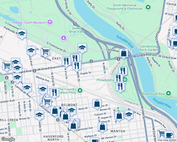 map of restaurants, bars, coffee shops, grocery stores, and more near 3917 Poplar Street in Philadelphia