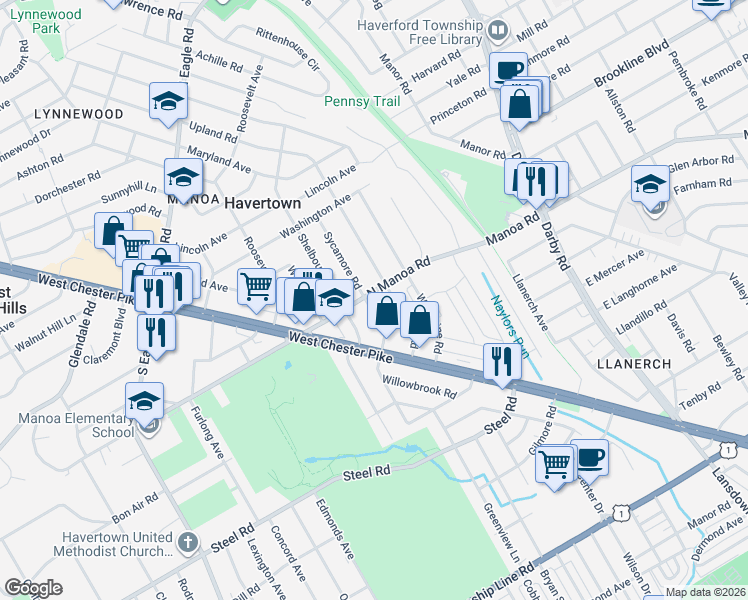 map of restaurants, bars, coffee shops, grocery stores, and more near 300 North Manoa Road in Havertown