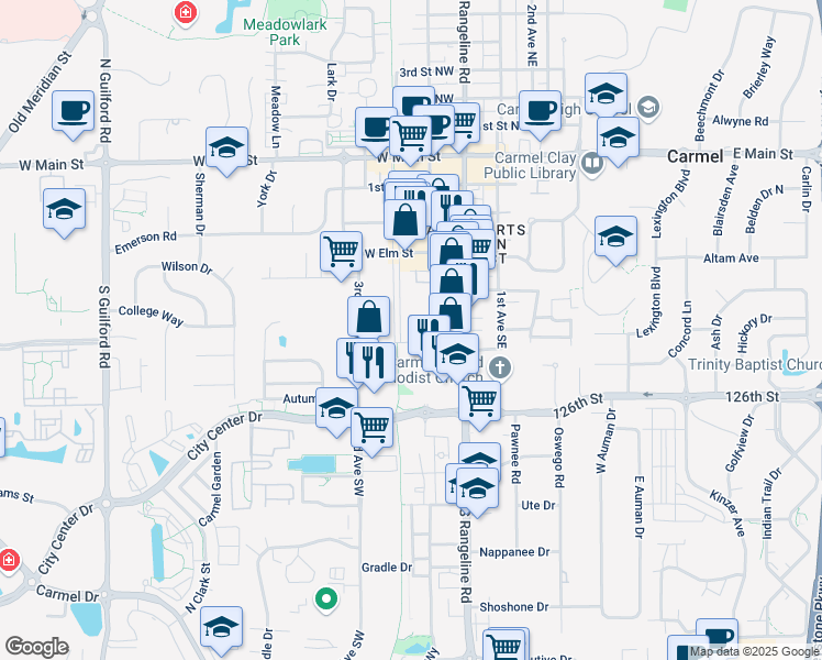 map of restaurants, bars, coffee shops, grocery stores, and more near 591 Monon Boulevard in Carmel