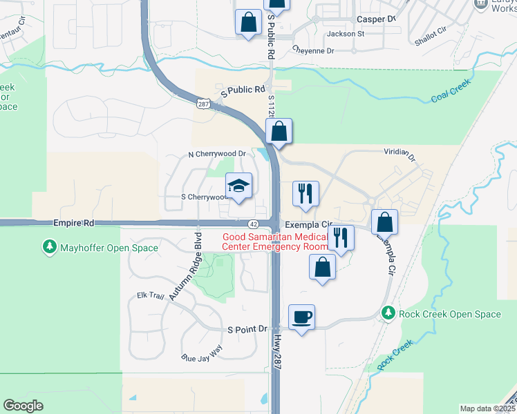 map of restaurants, bars, coffee shops, grocery stores, and more near 190 South Cherrywood Drive in Lafayette