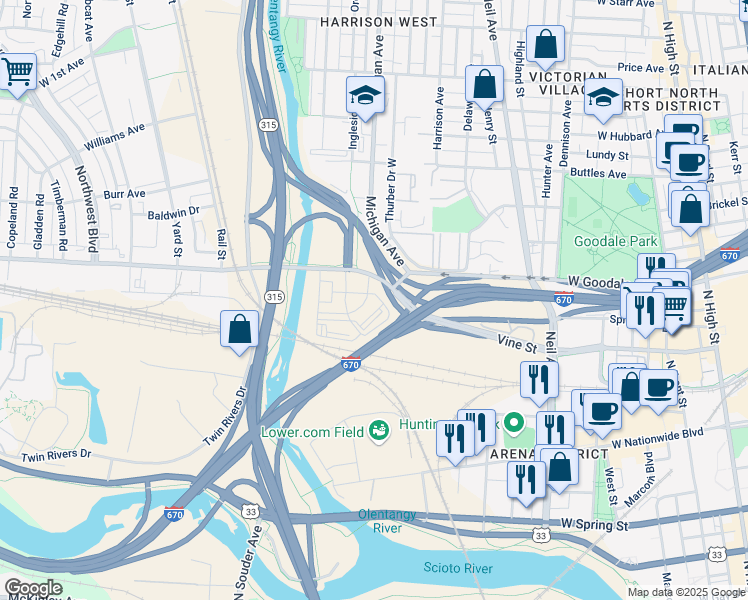 map of restaurants, bars, coffee shops, grocery stores, and more near 537 West Goodale Street in Columbus