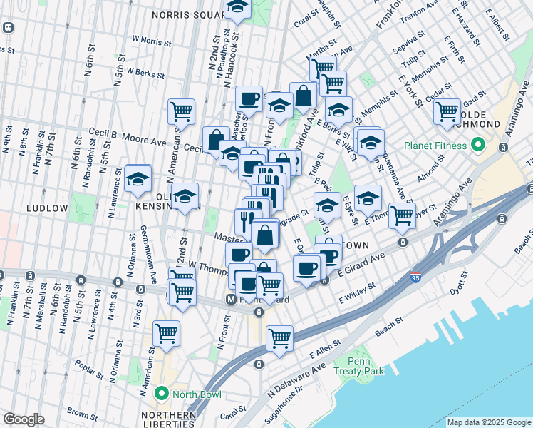 map of restaurants, bars, coffee shops, grocery stores, and more near 1502 Frankford Avenue in Philadelphia