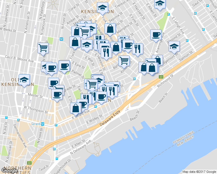 map of restaurants, bars, coffee shops, grocery stores, and more near 702 East Thompson Street in Philadelphia