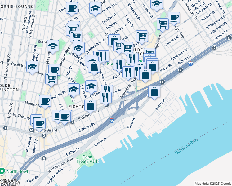 map of restaurants, bars, coffee shops, grocery stores, and more near 1230 East Fletcher Street in Philadelphia