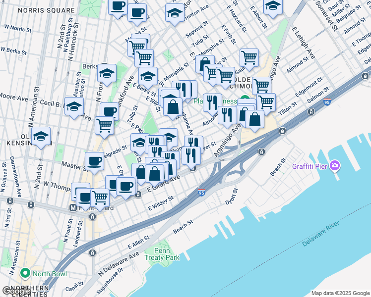 map of restaurants, bars, coffee shops, grocery stores, and more near 702 East Thompson Street in Philadelphia