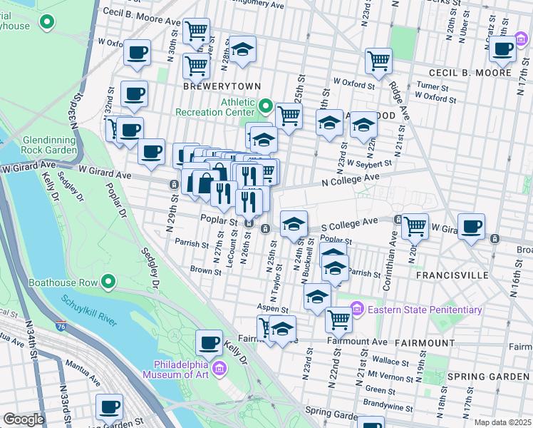 map of restaurants, bars, coffee shops, grocery stores, and more near 926 West College Avenue in Philadelphia