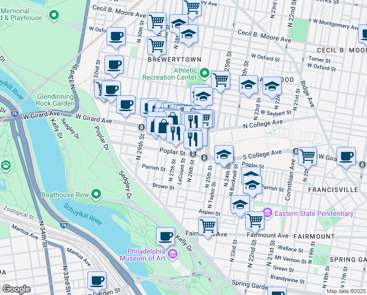 map of restaurants, bars, coffee shops, grocery stores, and more near 914 North Taney Street in Philadelphia