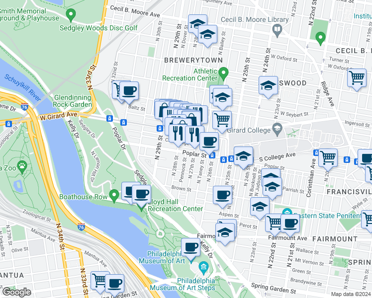 map of restaurants, bars, coffee shops, grocery stores, and more near 2726 West George Street in Philadelphia