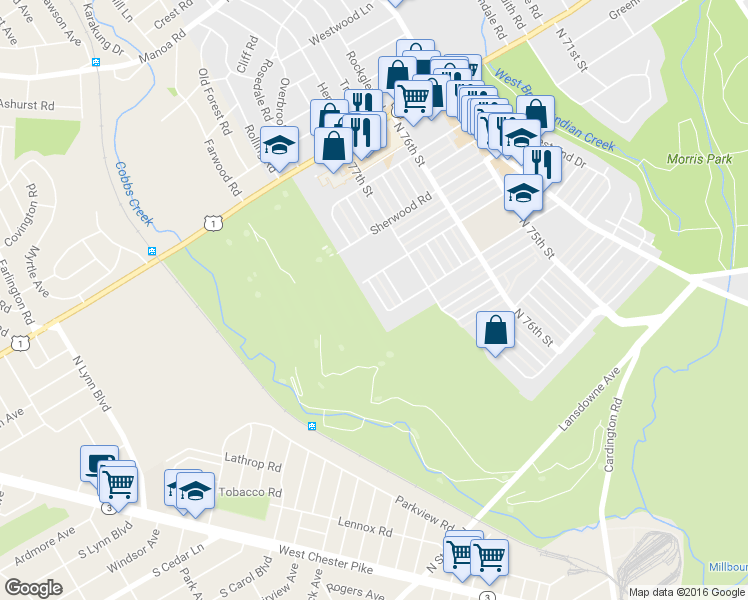 map of restaurants, bars, coffee shops, grocery stores, and more near 1620 Ashurst Road in Philadelphia