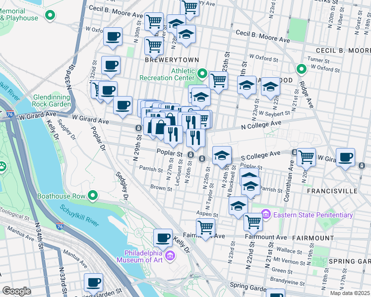 map of restaurants, bars, coffee shops, grocery stores, and more near 2601 Poplar Street in Philadelphia
