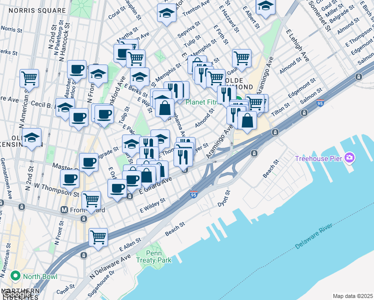 map of restaurants, bars, coffee shops, grocery stores, and more near 1240 East Susquehanna Avenue in Philadelphia