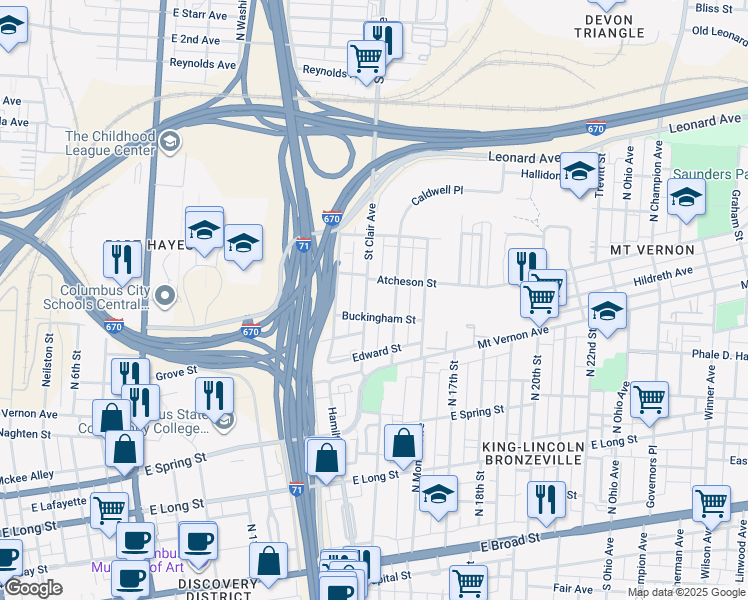 map of restaurants, bars, coffee shops, grocery stores, and more near 841 Atcheson Street in Columbus