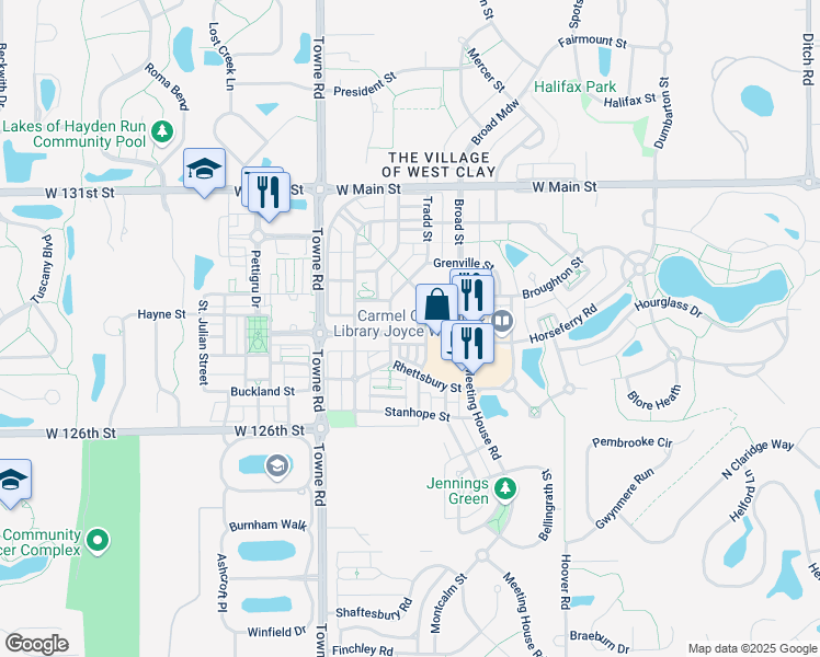 map of restaurants, bars, coffee shops, grocery stores, and more near 12840 University Crescent in Carmel