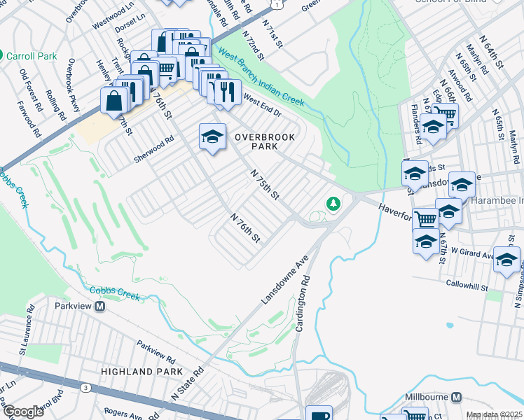 map of restaurants, bars, coffee shops, grocery stores, and more near 1350 Westbury Drive in Philadelphia