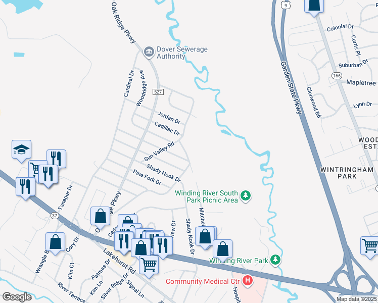 map of restaurants, bars, coffee shops, grocery stores, and more near 56 Cliffside Drive in Toms River