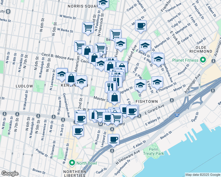 map of restaurants, bars, coffee shops, grocery stores, and more near 1505 North Front Street in Philadelphia