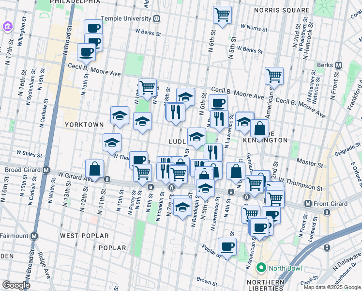 map of restaurants, bars, coffee shops, grocery stores, and more near 1405 North 7th Street in Philadelphia