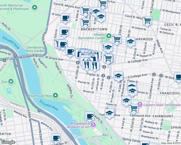 map of restaurants, bars, coffee shops, grocery stores, and more near 2726 West George Street in Philadelphia