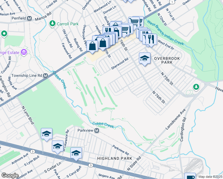 map of restaurants, bars, coffee shops, grocery stores, and more near 1620 Ashurst Road in Philadelphia