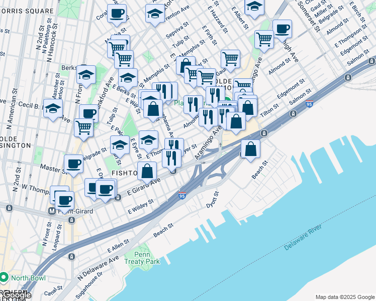 map of restaurants, bars, coffee shops, grocery stores, and more near 1230 East Fletcher Street in Philadelphia