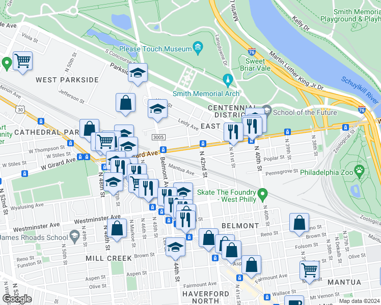 map of restaurants, bars, coffee shops, grocery stores, and more near 4226 West Girard Avenue in Philadelphia