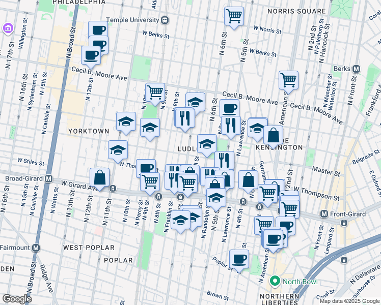 map of restaurants, bars, coffee shops, grocery stores, and more near 1405 North 7th Street in Philadelphia